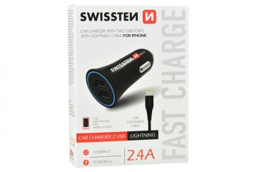 Nabíječka mobilů do auta SWISSTEN 2USB, Lightning - 2.4A