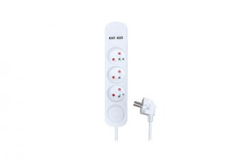 Prodlužovací přívod, 3 zásuvky, USB 2.4A, bílý, 3 x 1mm2, vypínač, 2m