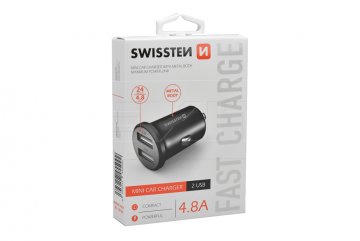 Mini nabíječka mobilů do auta v kovovém provedení SWISSTEN 4.8A - Černá