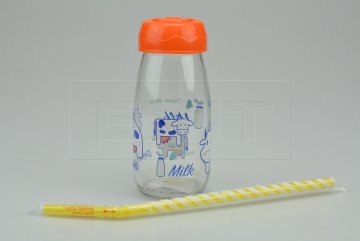 Skleněná lahev na mléko s plastovým víčkem a brčkem (250ml) - Oranžová