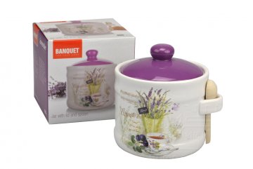 Porcelánová dóza s víčkem a dřevěnou lžičkou BANQUET 400ml (10x10cm)