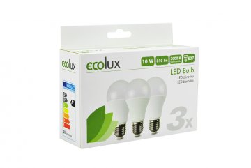 ECOLUX LED žárovka 3-pack, klasický tvar, 10W, E27, 3000K, 270°, 810lm, 3ks v balení