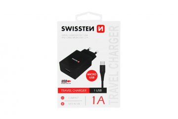 Síťový adaptér Swissten 1A + kabel micro USB, Černý